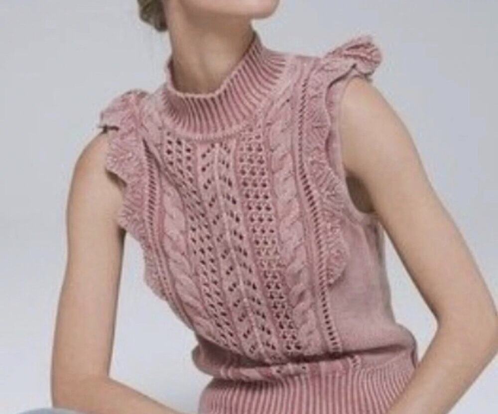 White House Black Market Sweater Womens Small Pink Cable Knit Sleeveless Ruffle